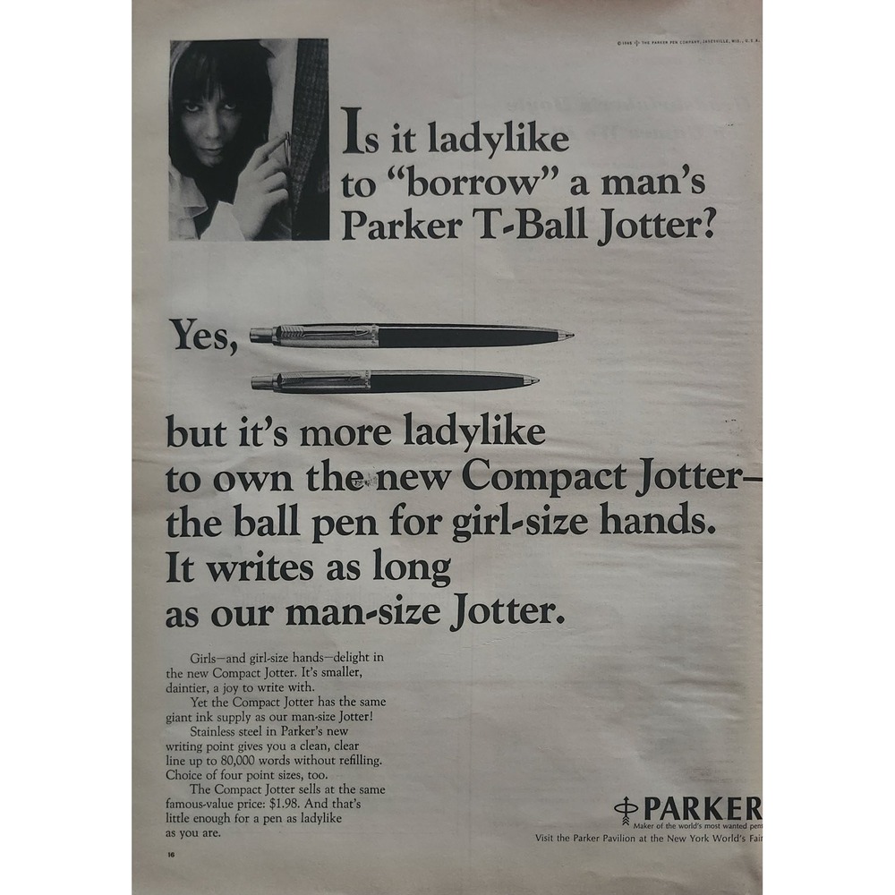 Parker Compact Jotter Magazine Ad 1966 Mod Fashion Pen 10x13‎
